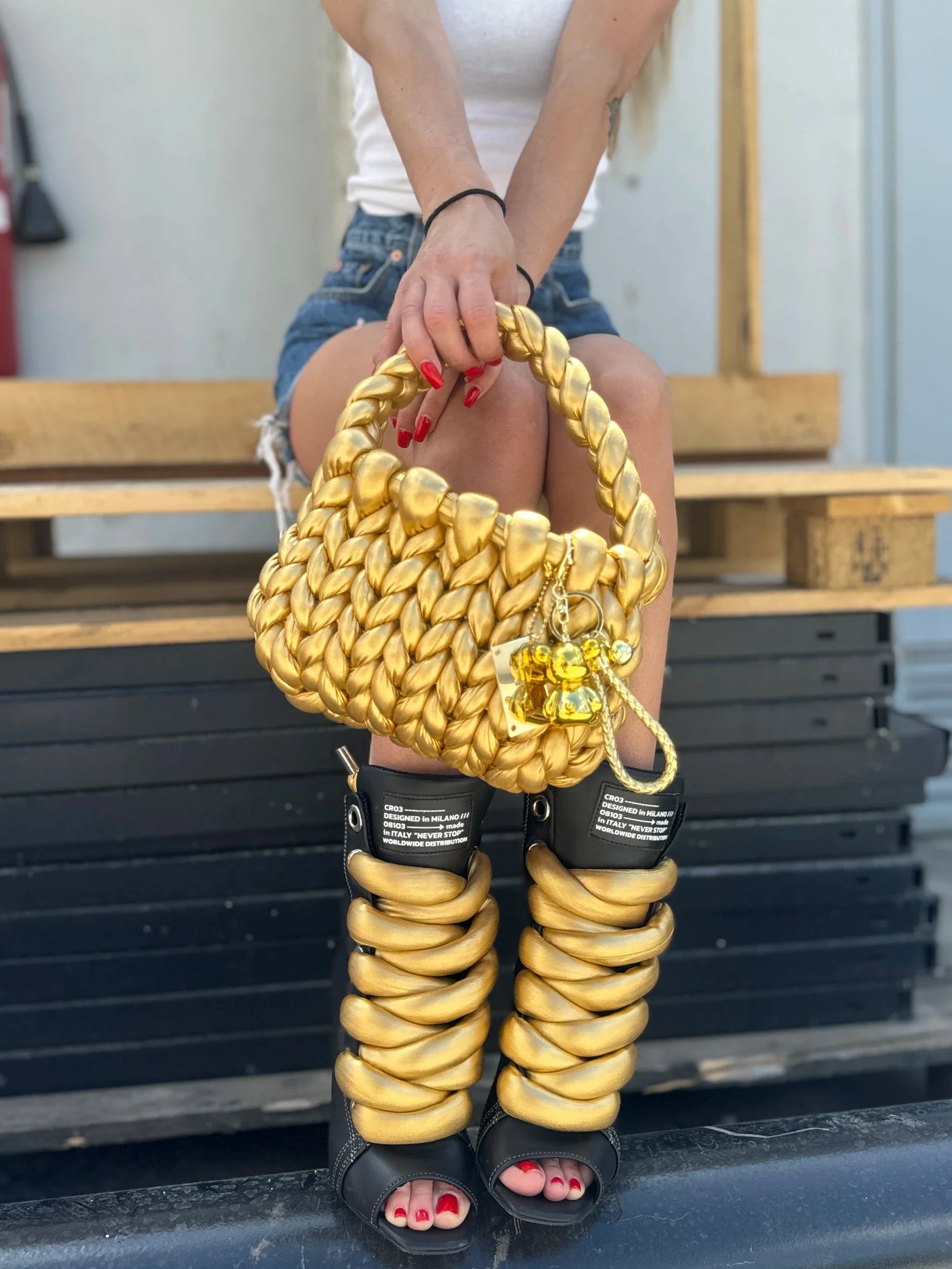 Black Rush & Knotty Gold Set – Heels + Bag