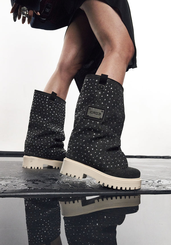 Denim Diamond Chunky Boots Black